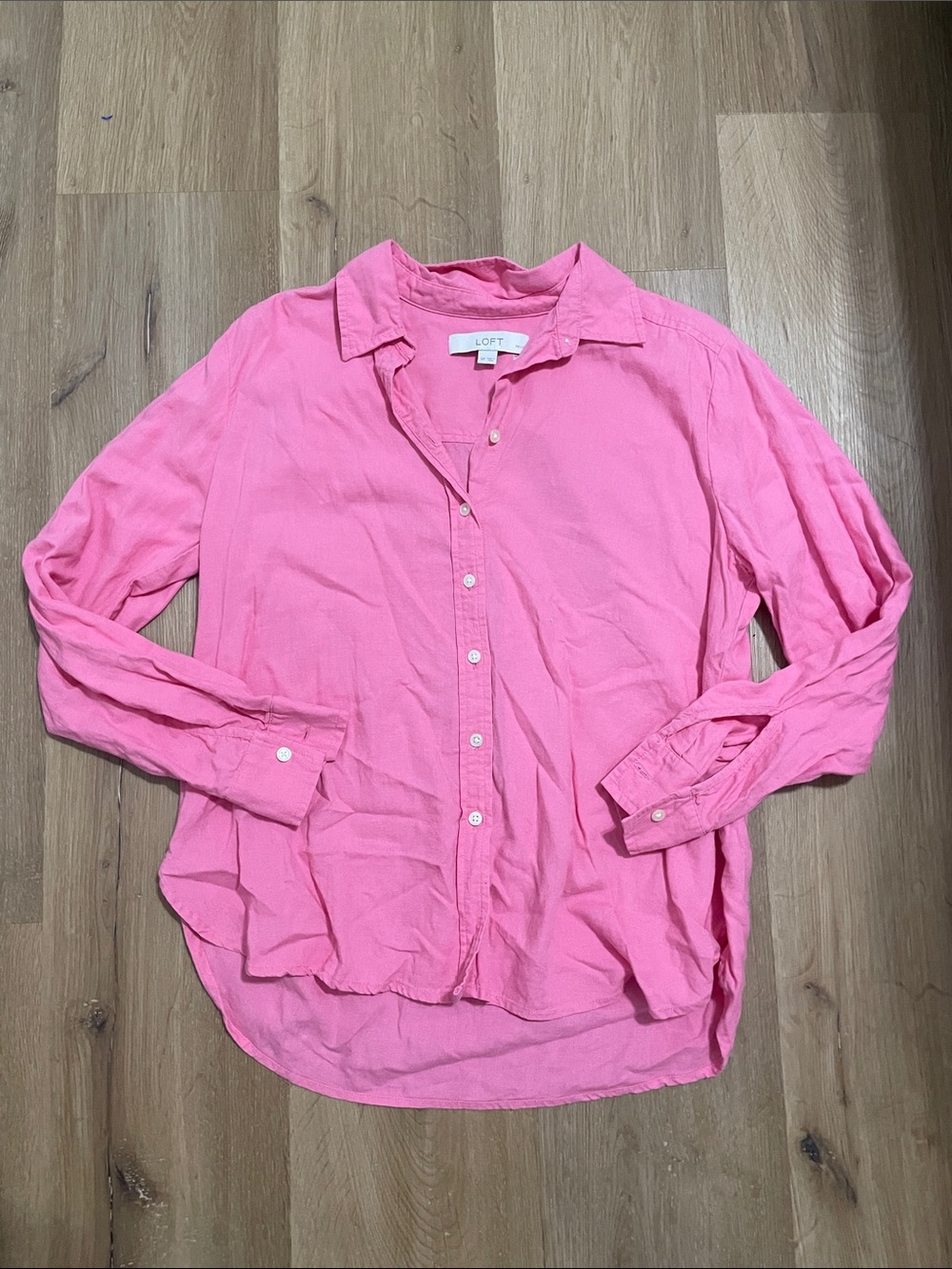 LOFT Women's Linen Blend Button-Down Shirt in Bright Pink